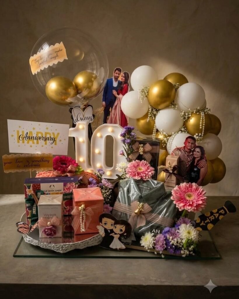 Celebratory 10th anniversary gift arrangement with glowing number ten, balloons, and wrapped presents.
