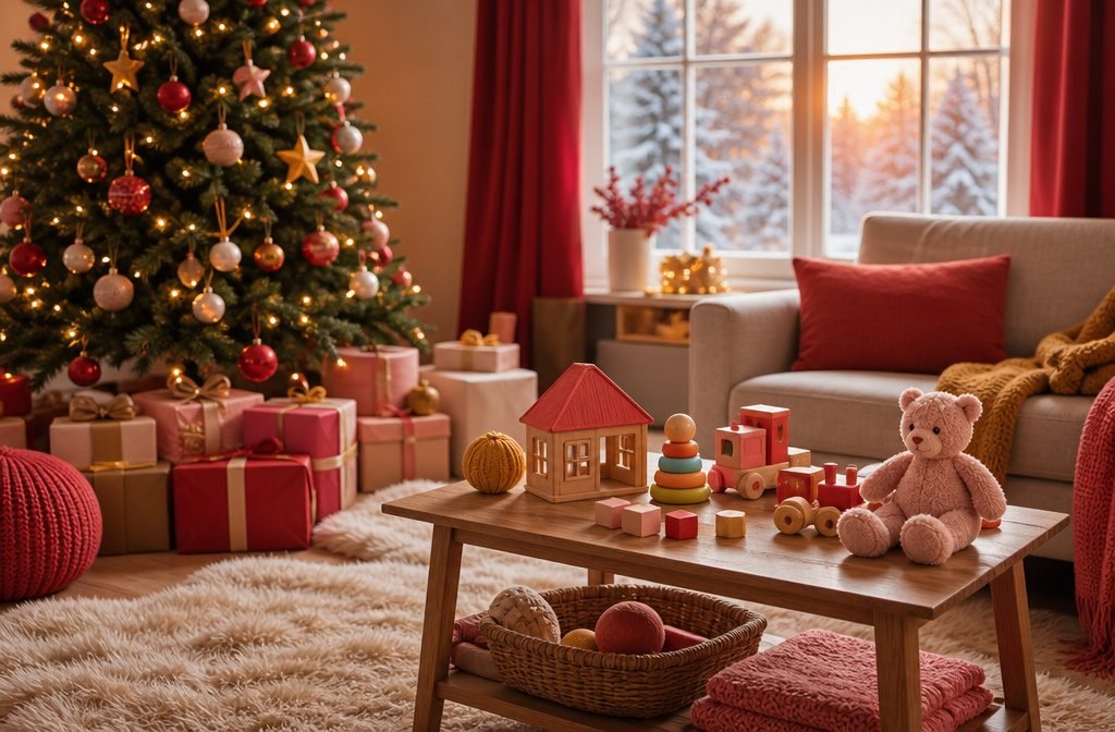 Cozy living room with Christmas decorations and a lit tree