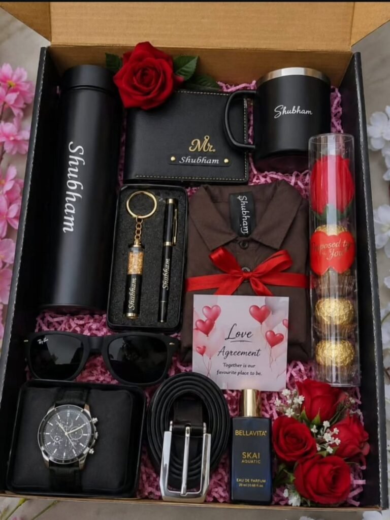 Personalized gift box for men with engraved items, red roses, and a watch.
