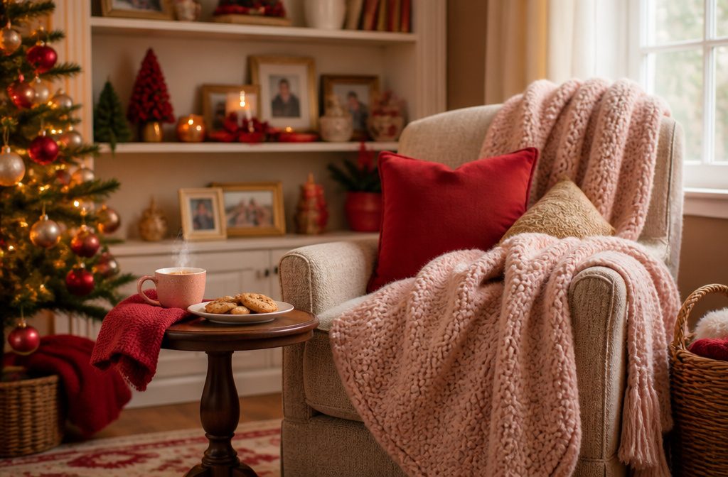 Cozy living room with holiday decorations and a comfortable armchair