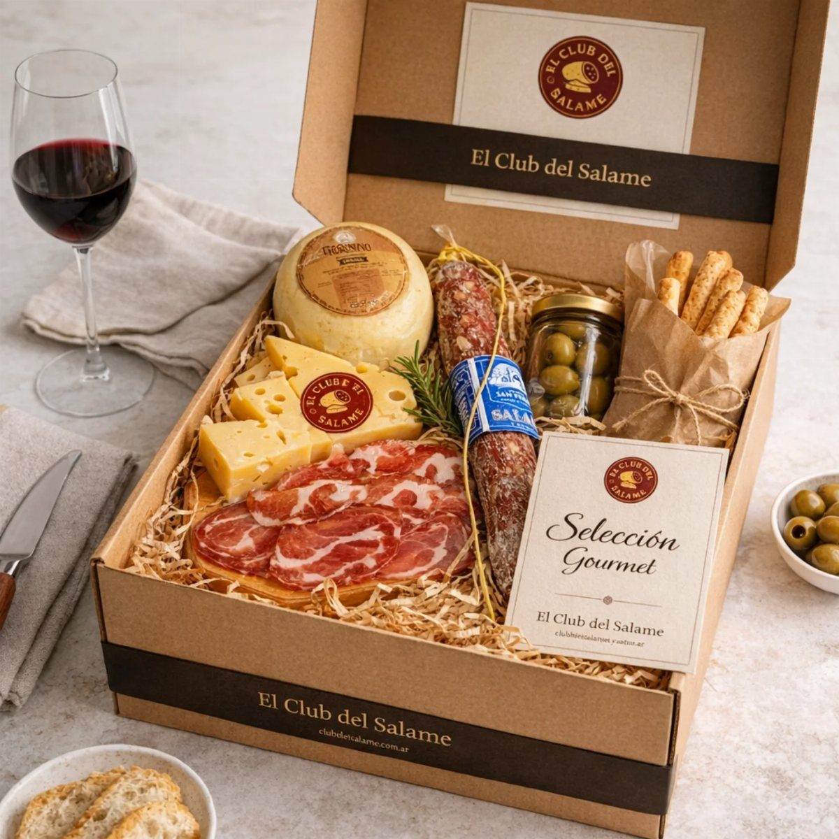 Gourmet food gift box with cheeses, cured meats, olives, and breadsticks beside red wine.