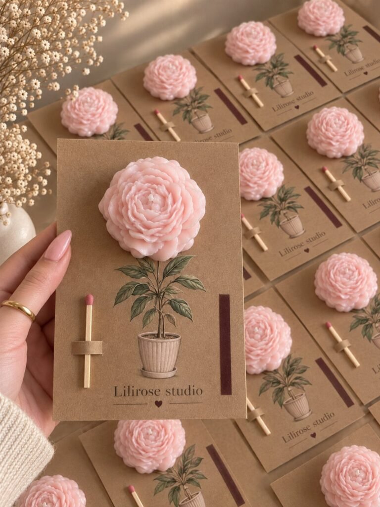 Pink rose-shaped candles on brown cards with matches and floral illustrations.