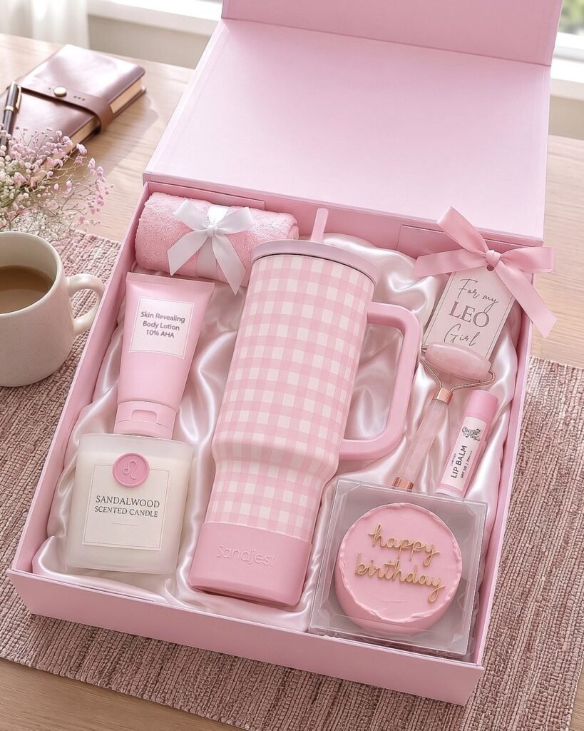 Pink gift box with checkered tumbler, skincare, candle, and birthday cake on table