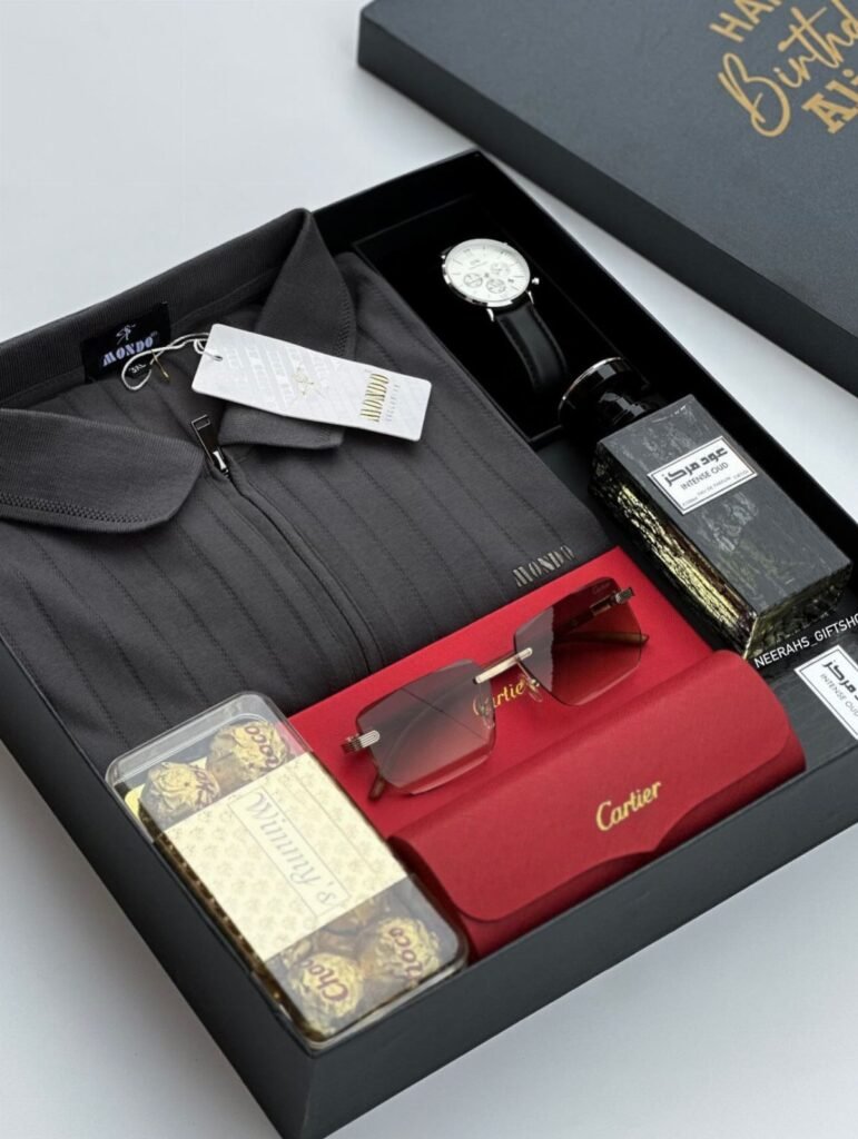 Luxury gift set for men featuring a shirt, watch, perfume, sunglasses, and chocolates.