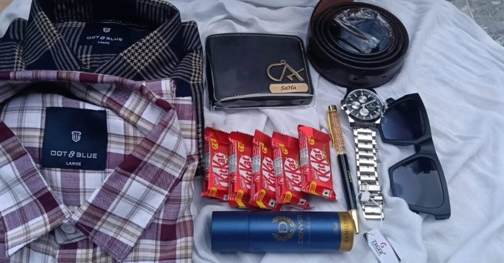 Men's gift set with plaid shirts, personalized wallet, watch, sunglasses, and chocolates.