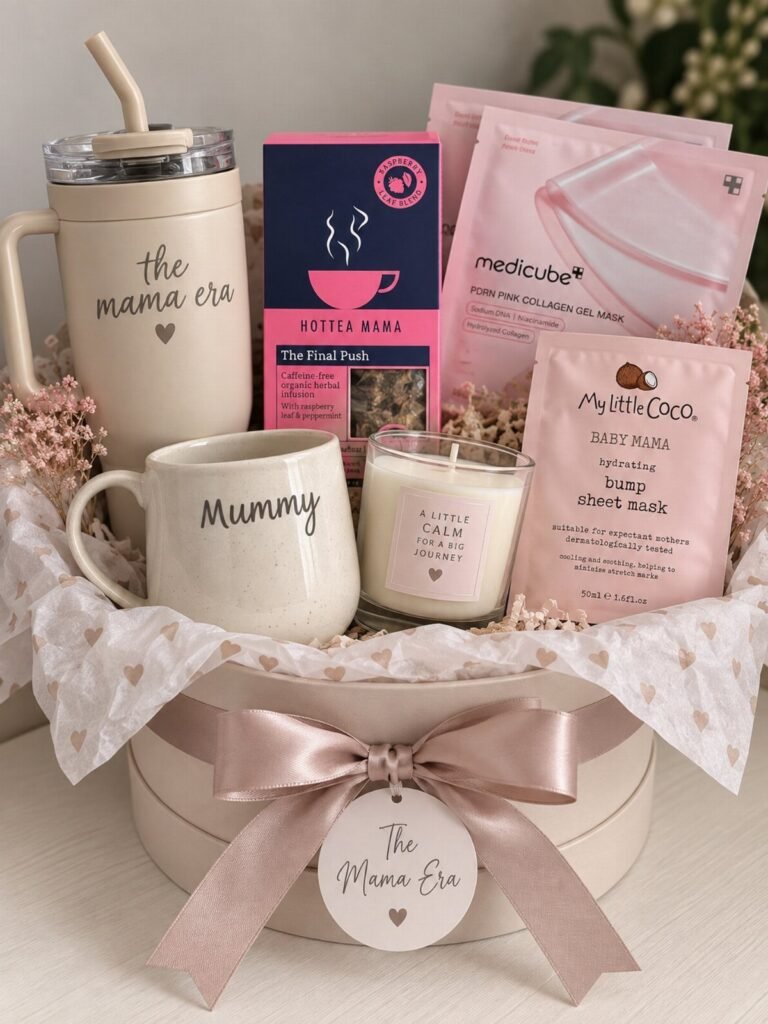 Gift basket for an expectant mother with mugs, candle, and skincare in a box.