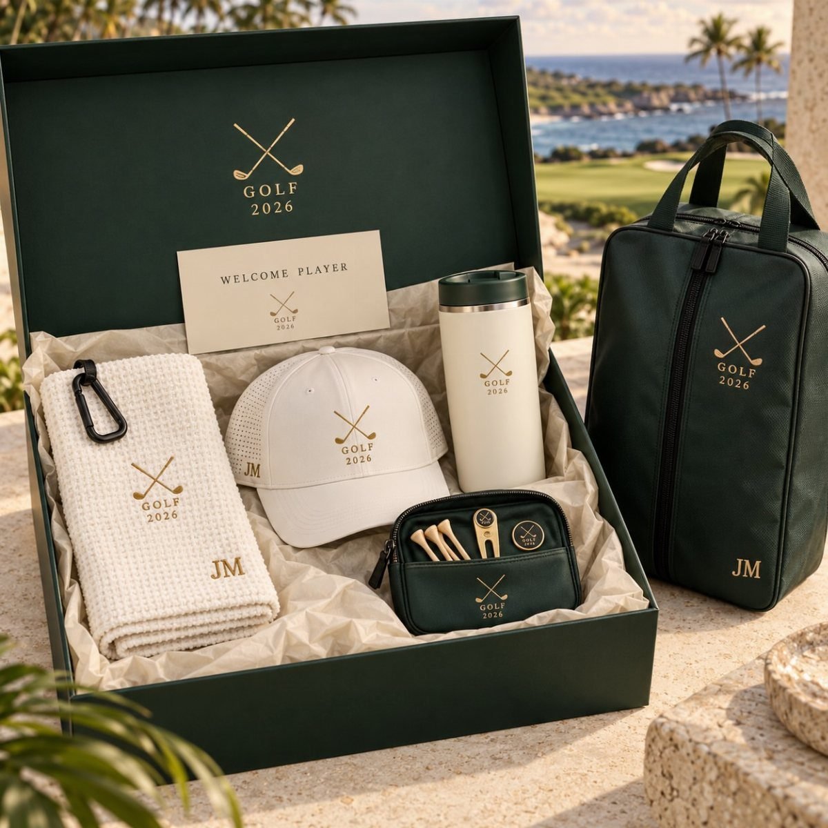 Personalized golf gift set with white accessories in a dark green box.