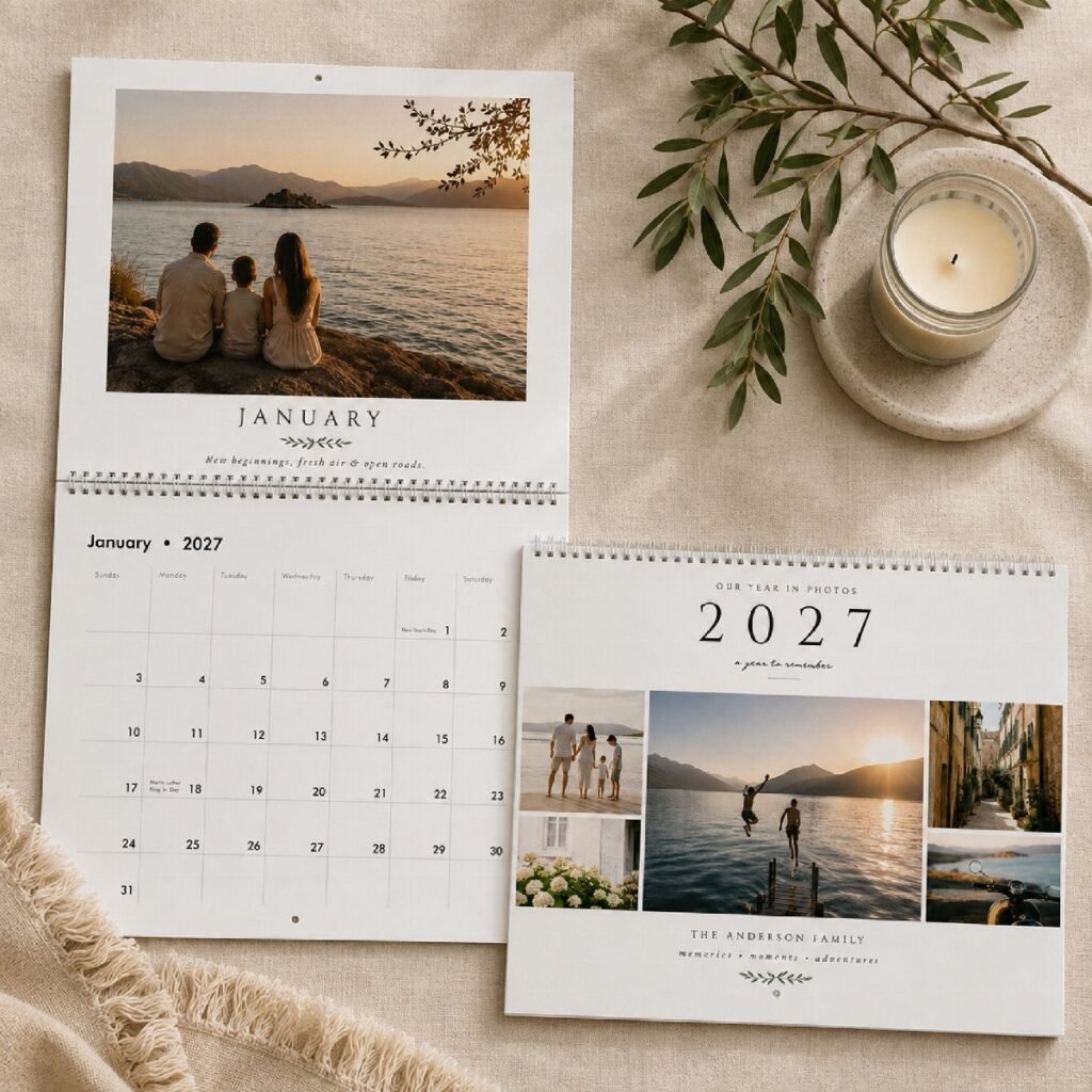 Custom photo calendars with family and travel pictures on a neutral fabric background.