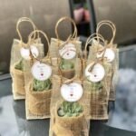 Small succulent plants in burlap pots and mesh bags with white gift tags.