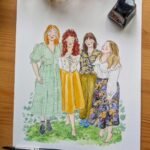 Watercolor illustration of four women standing together on a white paper background.
