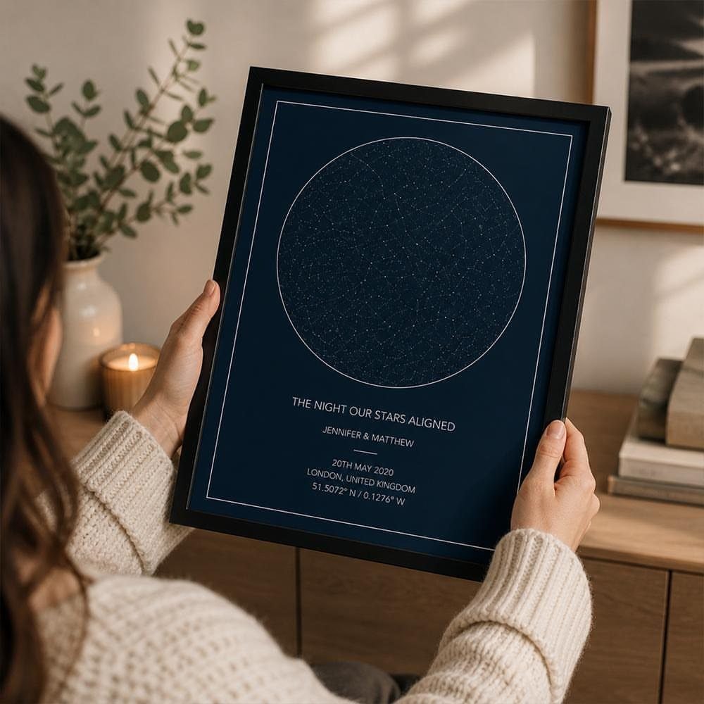 Person holding a framed star map showing the night sky on a special date