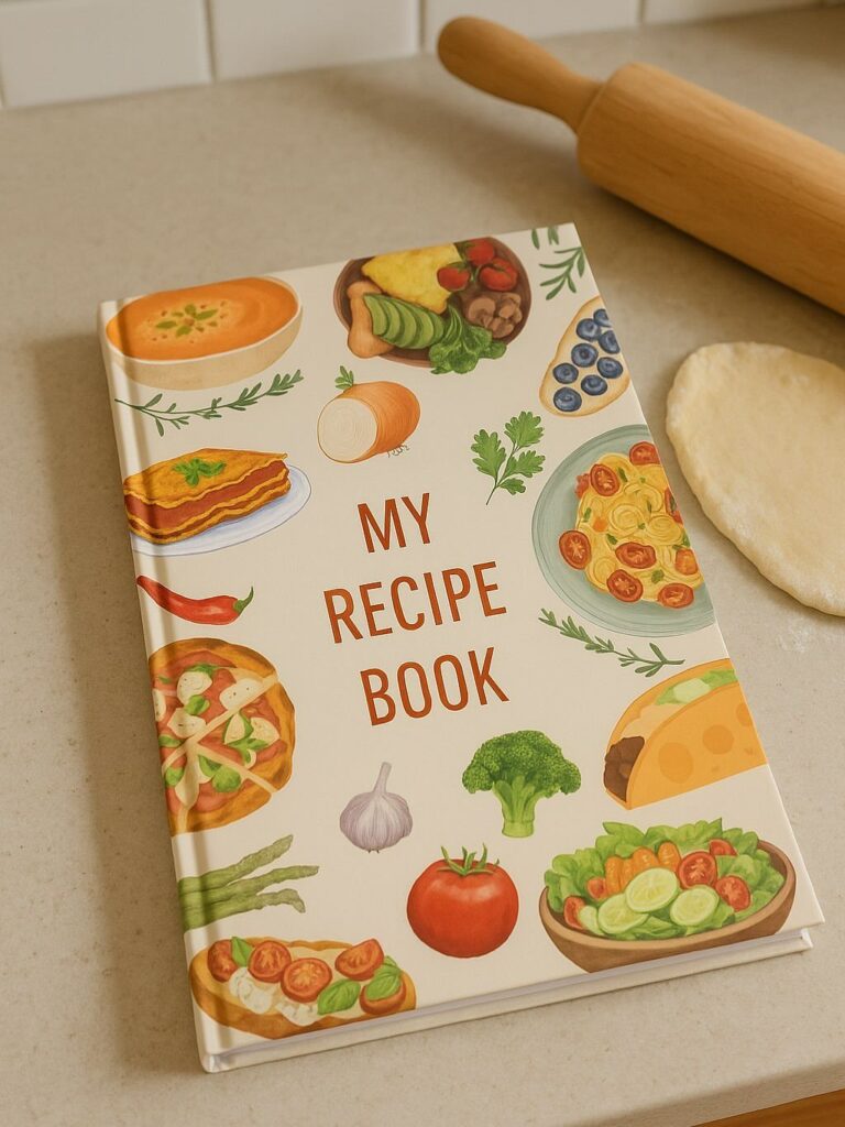 Recipe book with food illustrations on a kitchen counter with a rolling pin