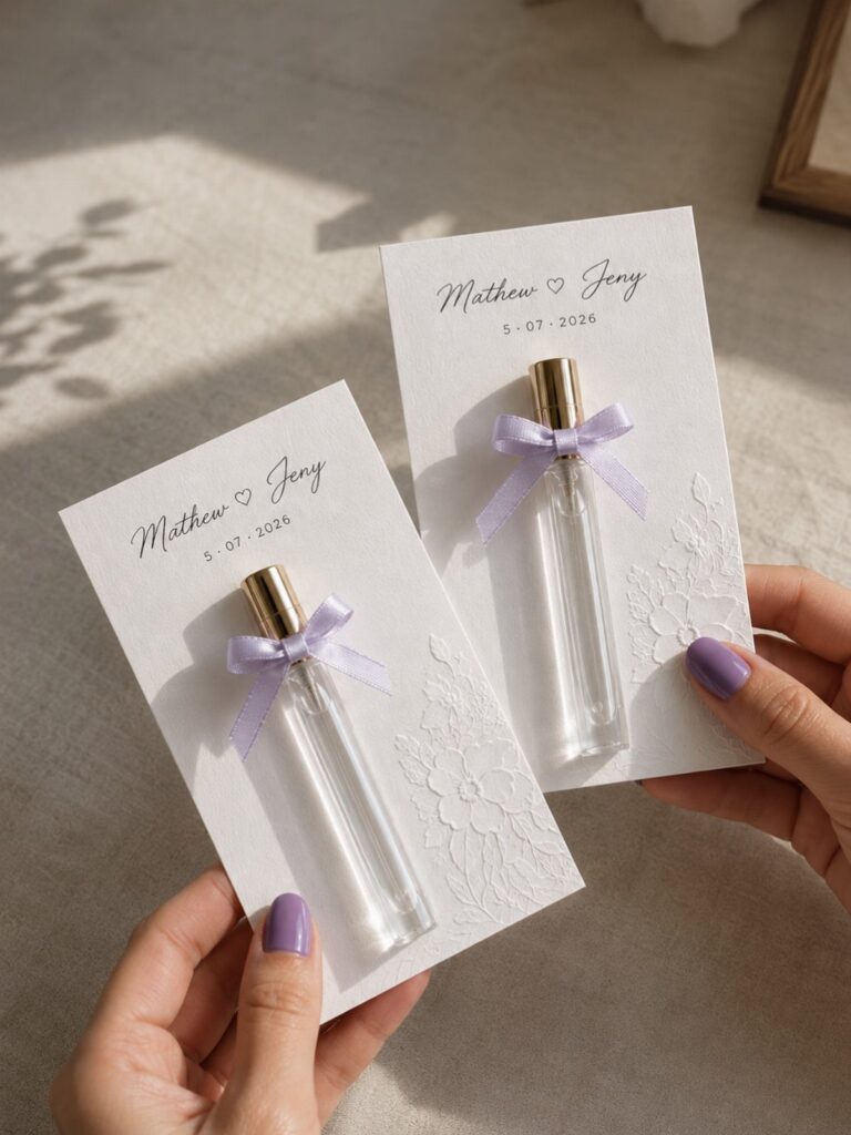 Small perfume bottles with purple bows on personalized wedding gift cards held by hands